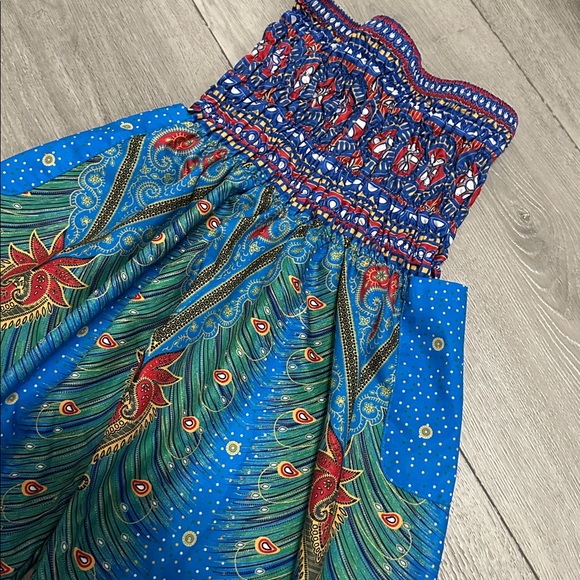 Lu’s Chic Bohemian Blue Peacock Print Pants one size - Picture 2 of 7